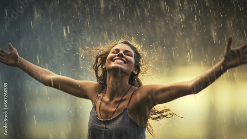 Happy girl dancing in the rain, shrouded in water droplets shimmering in the sun's rays.. Generative AI