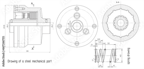 Vector drawing of a steel mechanical part with spring, through holes, bolted connections and threads. Engineering cad scheme. Mechanic background.