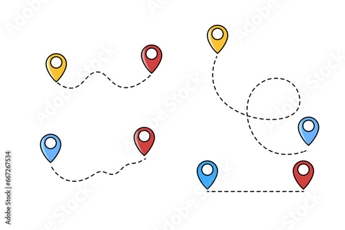 Route location color icon set, two pin sign and dotted line road, start and end. Mapping icon collection. Geolocation map path distance. Vector illustration EPS10