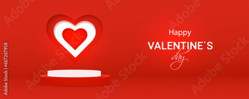 Valentine's Day Happy Holiday banner.Vector red 3d podium paper cut with heart for template discounts with a love-themed concept for Valentine's Day. Abstract geometric.Sale Valentine's Day.