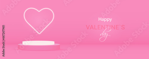 Happy Valentine's Day banner pink with 3d podium heart neon.Vector illustration for  template discounts with a love-themed concept.Abstract geometric.Mega sale, web banner, valentine's day card.