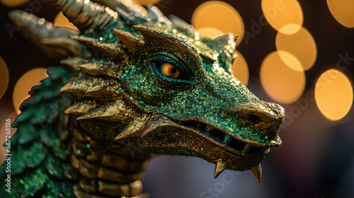 Close up view of head of green wooden dragon figurine on sparkling glitter blurry bokeh background is symbol of year 2024