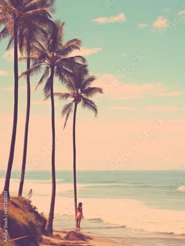 Woman walking down the beach looking at palm trees.