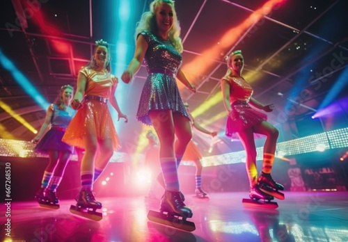 Female ice skaters perform in a club at night.