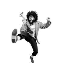 Funny portrait of an emotional jumping guy with a megaphone. Collage in magazine style. Flyer with trendy colors, advertising copy space. Discount, sale season. Information concept. Attention news!