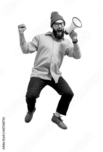 Funny portrait of an emotional jumping guy with a megaphone. Collage in magazine style. Flyer with trendy colors, advertising copy space. Discount, sale season. Information concept. Attention news! © San4ezz007