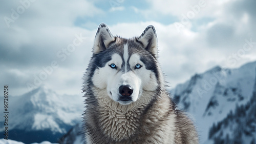 portrait of a Siberian Husky against the background of snowy mountains. The main emphasis is on the dog's piercing blue eyes, conveying its indomitable spirit. Generative AI