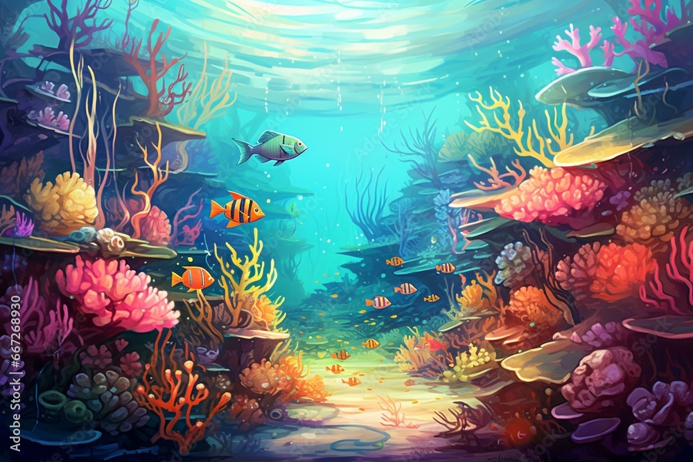 Vintage-style digital painting featuring colorful fish, coral reefs ...