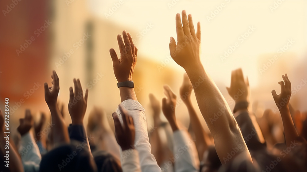 a crowd of people raising their hands at a mass party,