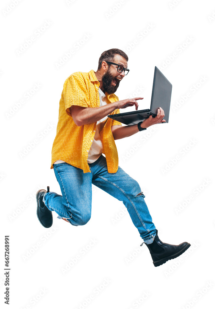 Jumping, running crazy programmer, web developer or designer holding laptop in his hands. Discount, sale, season sales. Shocked or surprised facial expression. Funny promotion poster. Jumping, running crazy programmer, web developer or designer holding laptop in his hands. Discount, sale, season sales. Shocked or surprised facial expression. Funny promotion poster.