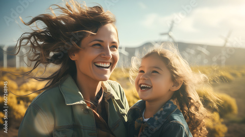 Mother and kid girl at solar panel farm. Happy family laughing together. Alternative energy and sustainable life style concept - Ai generative photo