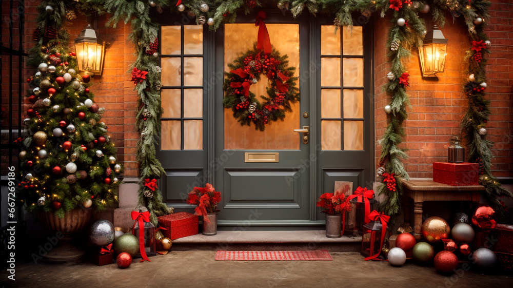 a front door decorated with a festive Christmas wincheck. Generative AI 