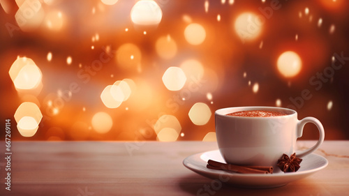 A cup in hot cocoa, close-up, Christmas decorations, delicate bokeh and warm color. Generative AI