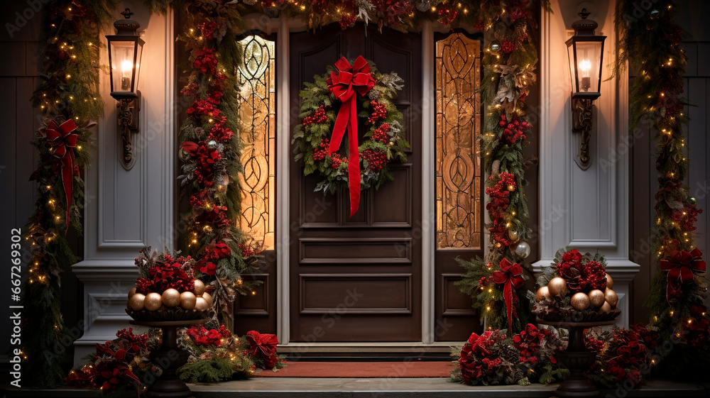 a front door decorated with a festive Christmas wincheck. Generative AI 