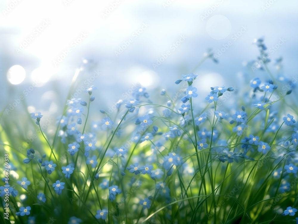 Background of green grass with small blue forget-me-nots flowers. AI Generation
