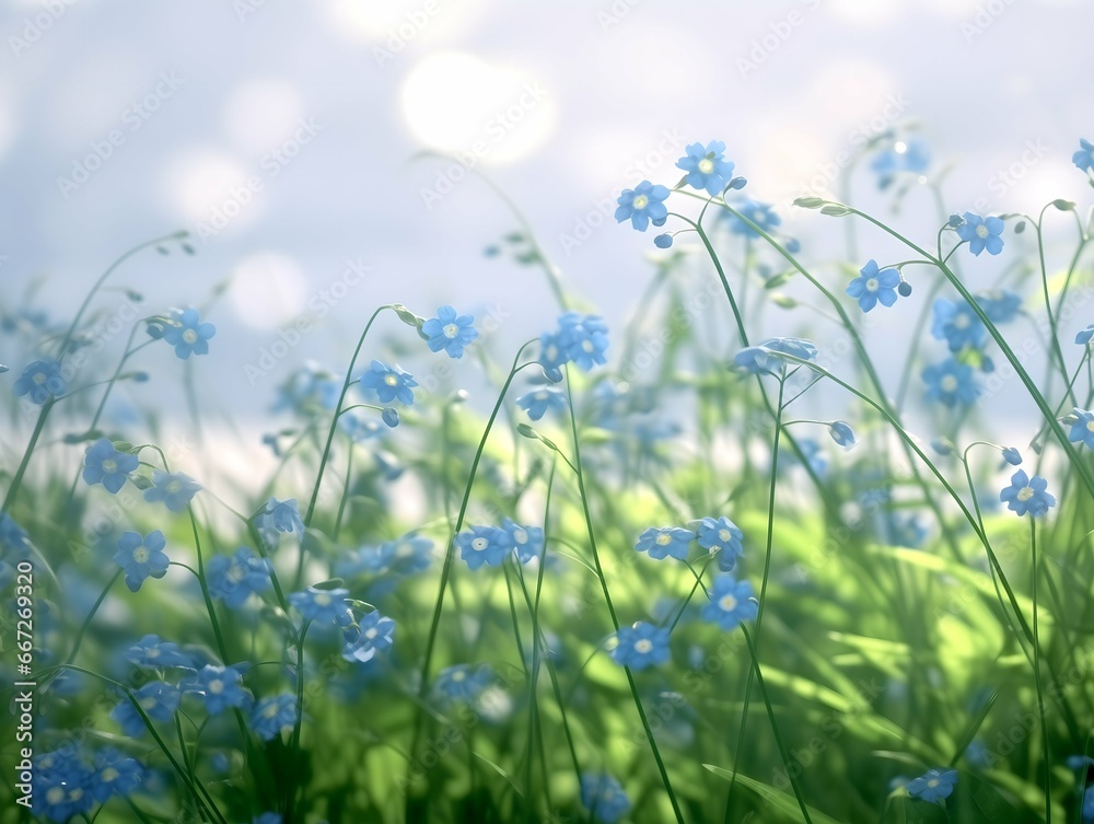 Background of green grass with small blue forget-me-nots flowers. AI Generation
