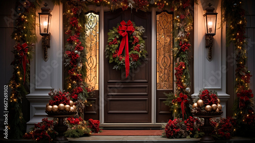 a front door decorated with a festive Christmas wincheck. Generative AI 