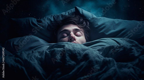 A person suffering from insomnia lies in bed and tries to sleep. Generative AI