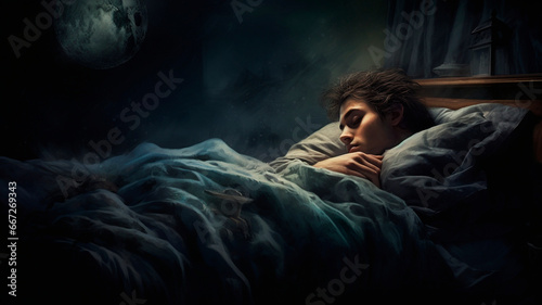 A person suffering from insomnia lies in bed and tries to sleep. Generative AI photo