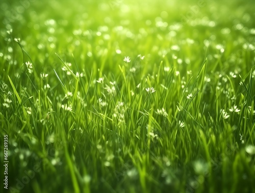Background of green grass with small yellow wildflowers. AI Generation 