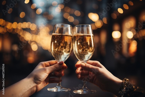 Two glasses with sparkling champagne wine in hands, concept for holiday, Christmas and New Year, bokeh, in a restaurant and cafe.