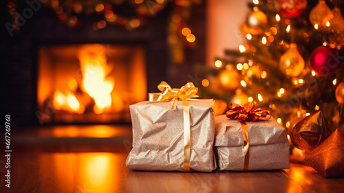 bag with gifts on the background of fireplace and Christmas tree, warm and gentle bokeh, Generative AI