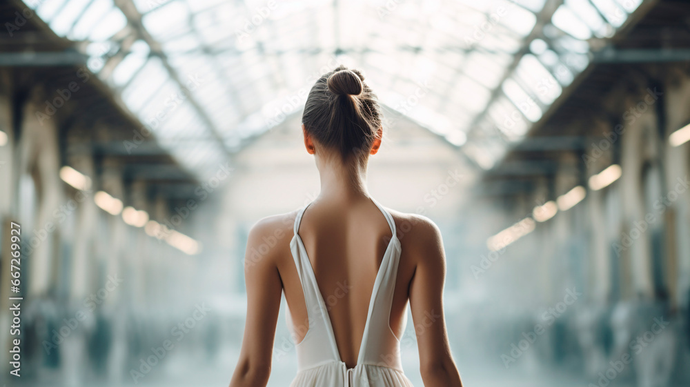 beautiful young ballerina, in white dress, on the background of a dance hall with mirrors. Generative AI beautiful young ballerina, in white dress, on the background of a dance hall with mirrors. Generative AI