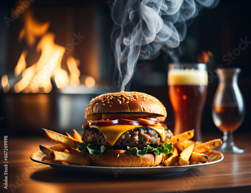 The fresh and delicious cheesy double hamburger with fries on a table in the restaurant photo