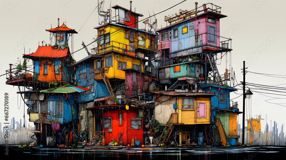 Colorful caricature, architectural drawing, dilapidated, unstable house. Generative AI