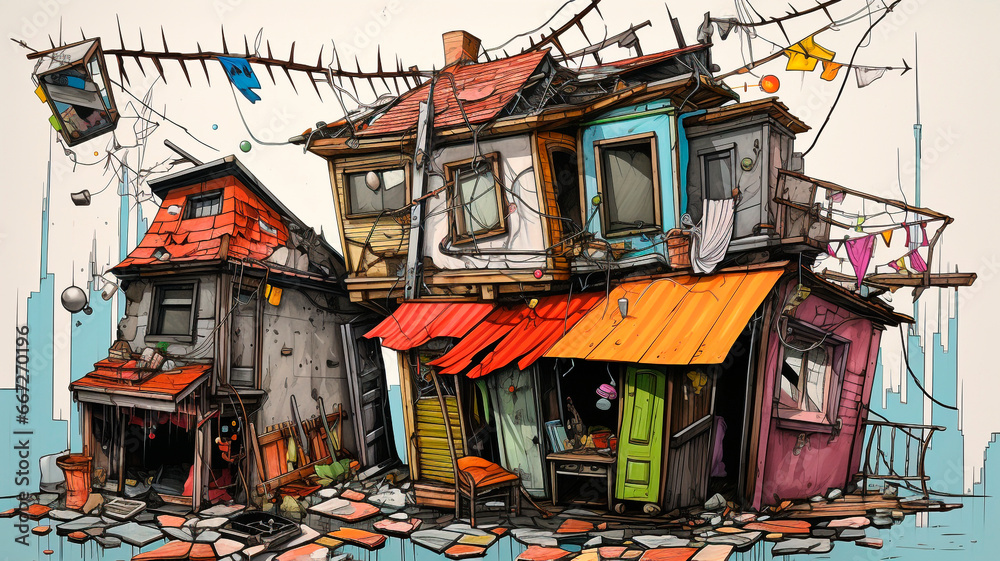 Colorful caricature, architectural drawing, dilapidated, unstable house. Generative AI