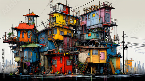Colorful caricature, architectural drawing, dilapidated, unstable house. Generative AI © Yuriy Maslov