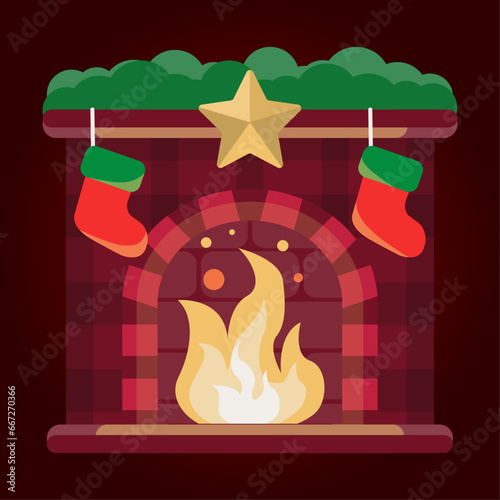 Christmas fireplace with christmas socks. Vector illustration in flat style.