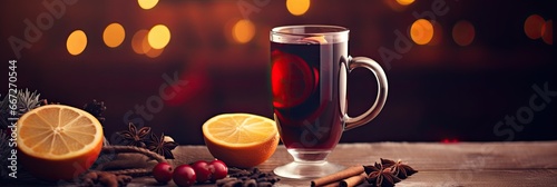 Mulled wine, richly colored red wine brewed with spices. Against the background of glare.