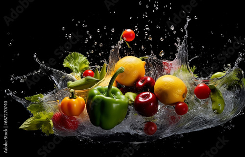 Many fruits and vegetables falling into water over black background. Generated AI