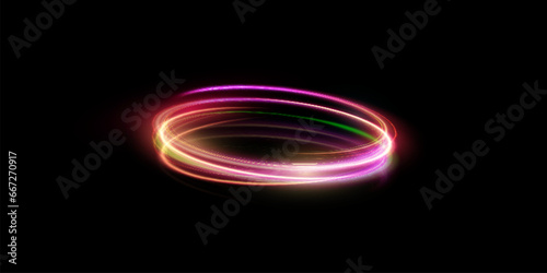 Abstract glowing gold ring in cyberpunk style. A bright train of luminous rays swirling in rapid motion. Light golden swirl. Vector