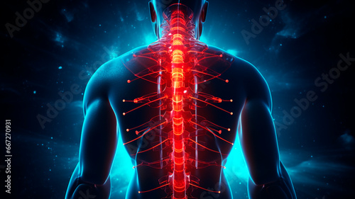 illustration of back pain, picture showing back problems. the place of pain is marked in red. Generative AI photo