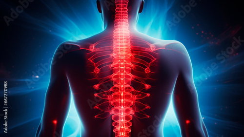 illustration of back pain, picture showing back problems. the place of pain is marked in red. Generative AI