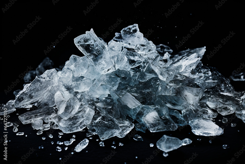 Pile of ice on black background with water droplets.