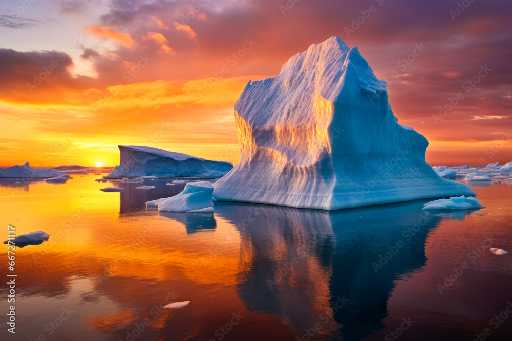 Large iceberg floating in the ocean at sunset with colorful sky.
