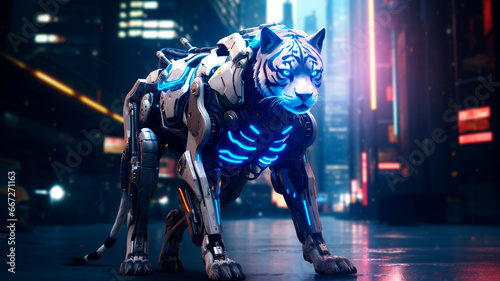  Manly muscular cyber robot cat , futuristic streetcorner, Generative AI
