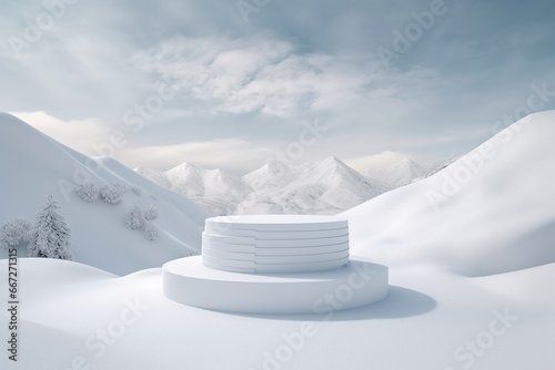 White podiums for product display on the winter background with mountains and snow © Nataliia
