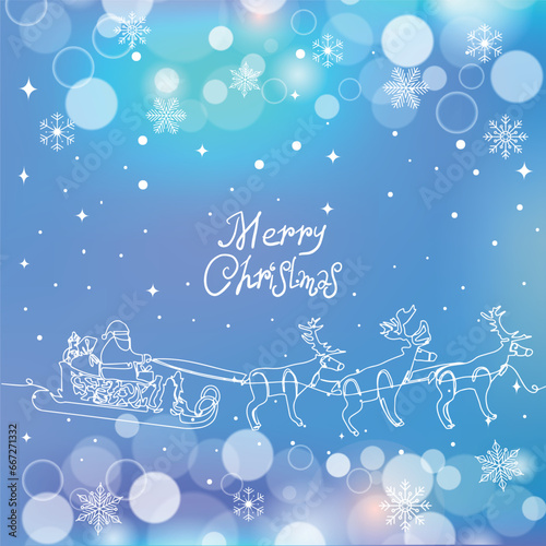 One continuous line drawing Santa Claus on reindeer and sled. concept for Christmas and New Year. Vector illustration