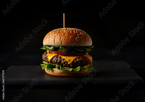 The fresh and delicious cheesy double hamburger with fries on a black background photo