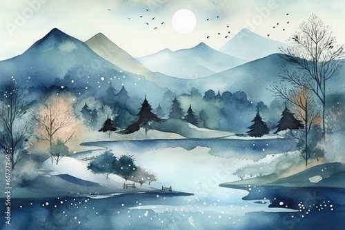 Winter night with misty forest, river and mountains in a serene oriental watercolor illustration. Generative AI