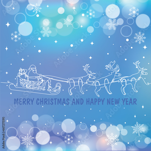 One continuous line drawing Santa Claus on reindeer and sled. concept for Christmas and New Year. Vector illustration