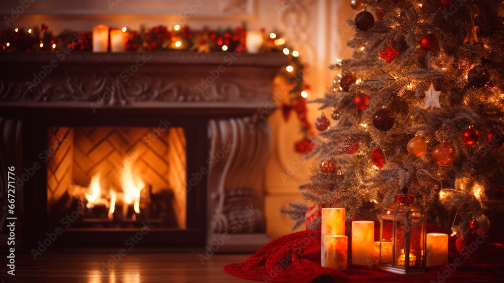 New Year background, near the fireplace, Christmas tree and candles, gentle bokeh, and warm color. Generative AI New Year background, near the fireplace, Christmas tree and candles, gentle bokeh, and warm color. Generative AI