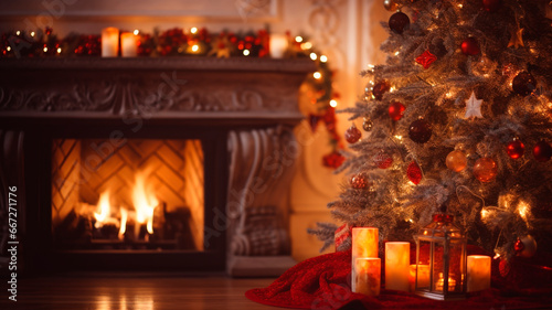 New Year background, near the fireplace, Christmas tree and candles, gentle bokeh, and warm color. Generative AI 