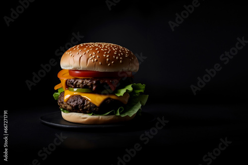 The fresh and delicious cheesy double hamburger with fries on a black background photo