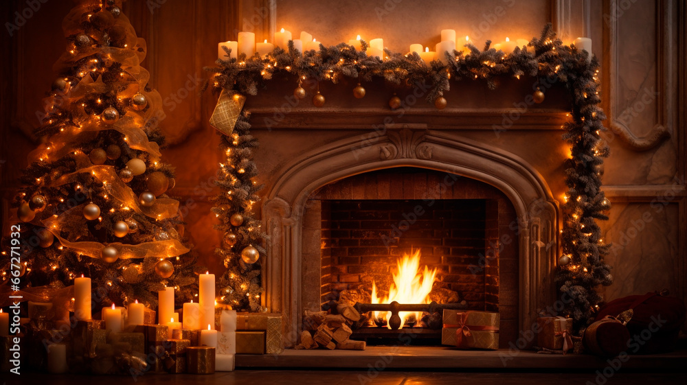 New Year background, near the fireplace, Christmas tree and candles, gentle bokeh, and warm color. Generative AI New Year background, near the fireplace, Christmas tree and candles, gentle bokeh, and warm color. Generative AI