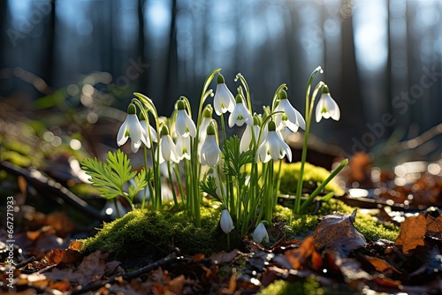 Early spring concept. Flowers snowdrops in garden, sunlight. First beautiful snowdrops in spring. Common snowdrop blooming. Galanthus nivalis bloom in spring forest. Snowdrops close up.